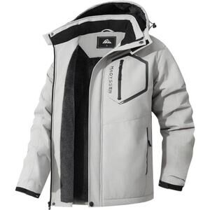 Men's Grey Mountain Ski Jacket Winter Snow Coats Waterproof Warm Fleece Hooded